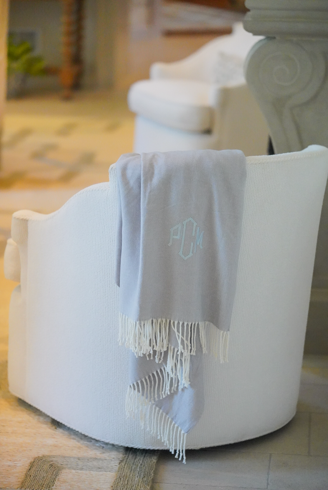 Caption: Monogram style is Diamond Block with Glacier thread.