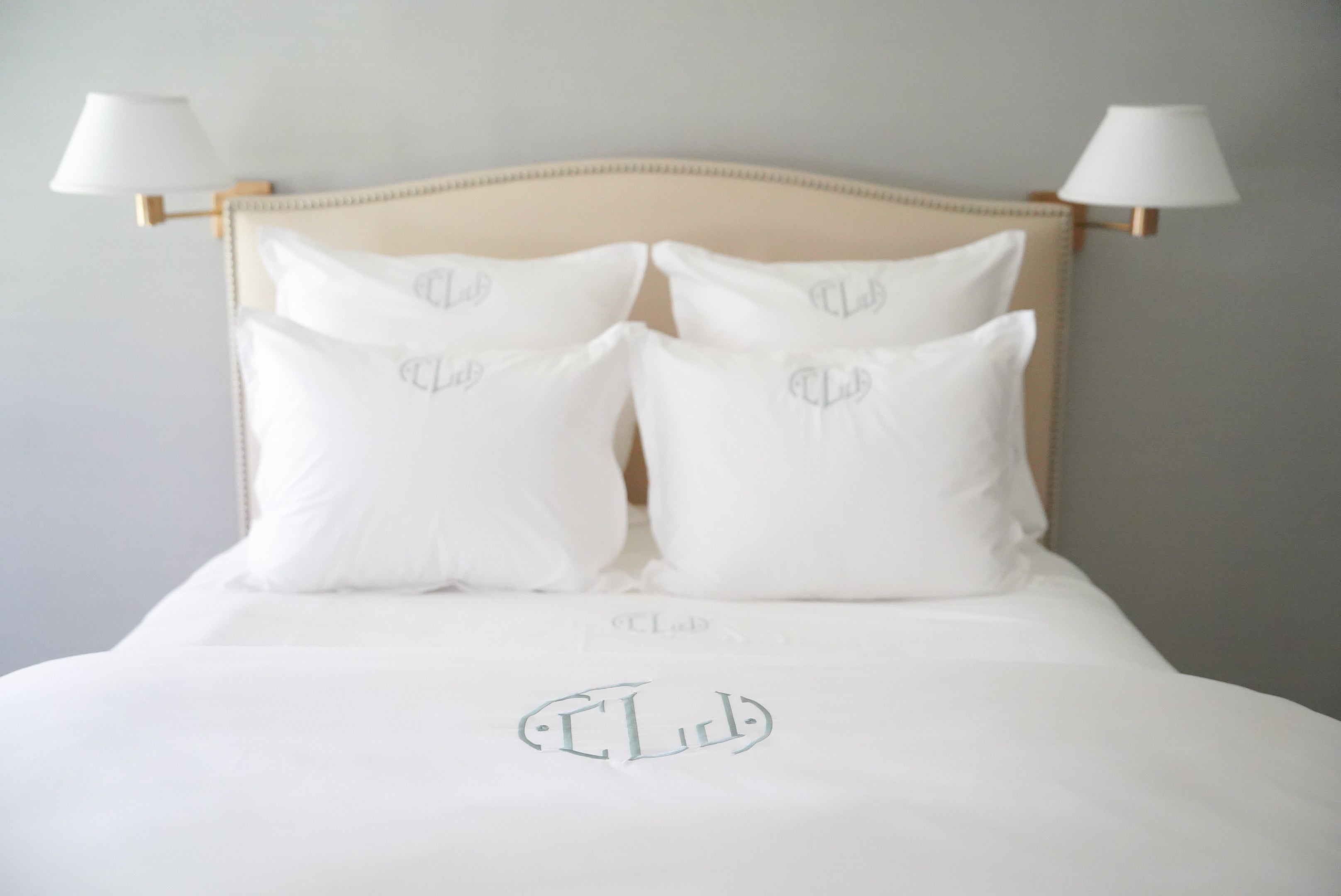 Caption: Monogram style is Deco with Slate thread.