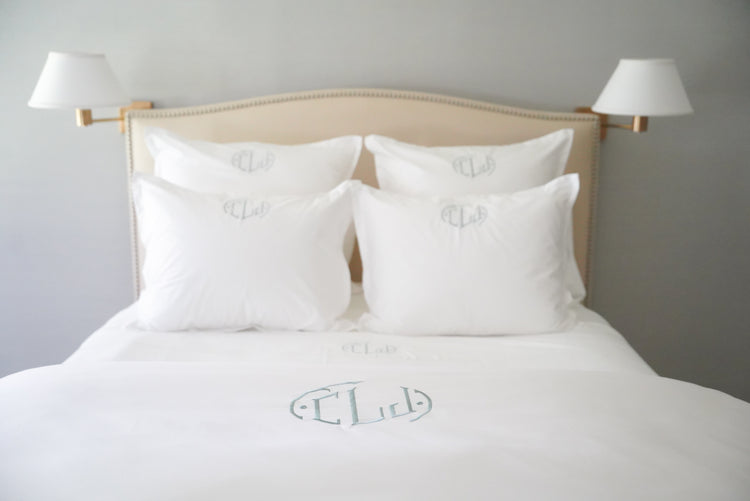 Caption: Monogram style is Deco with Slate thread.