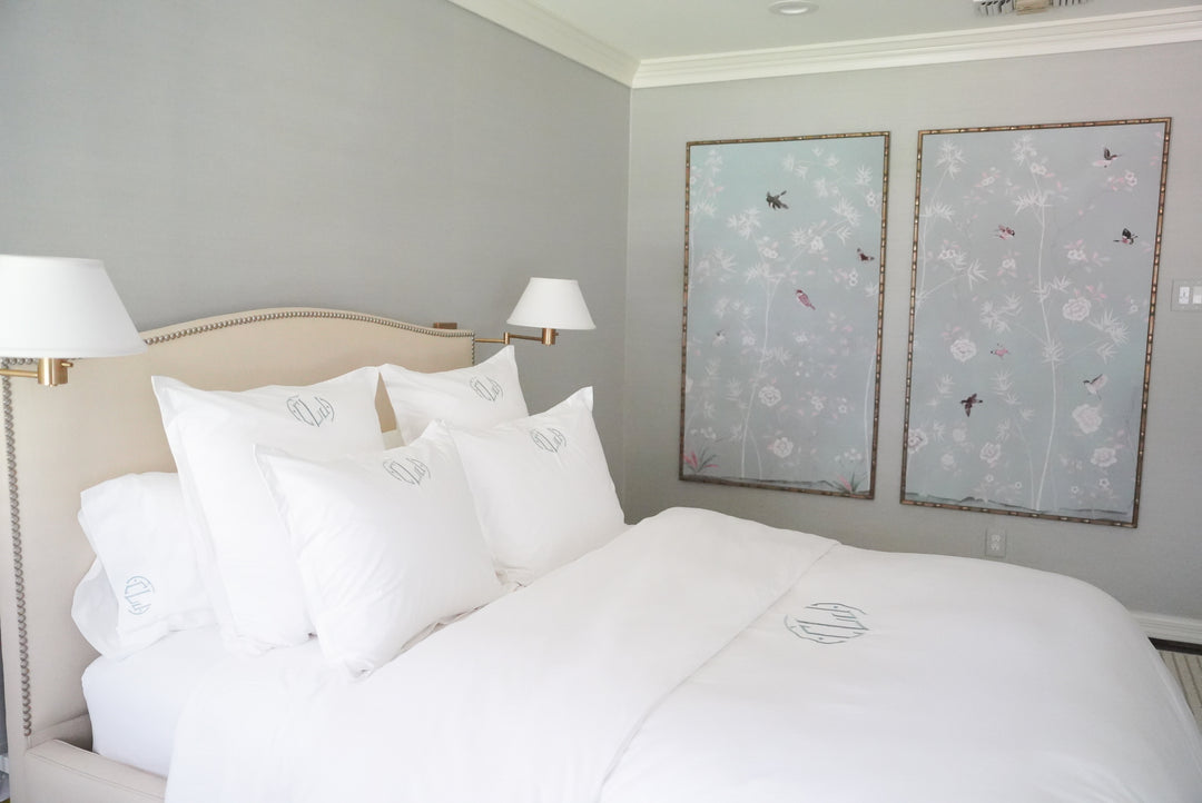 Caption: Monogram style is Deco with Slate thread.