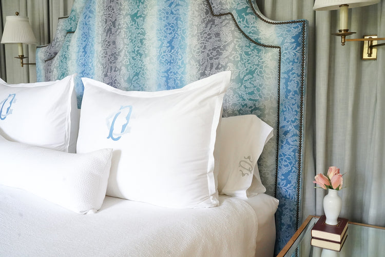 Caption: Royal Euro Sham with Royal Double Monogram in Slate and Light Blue.