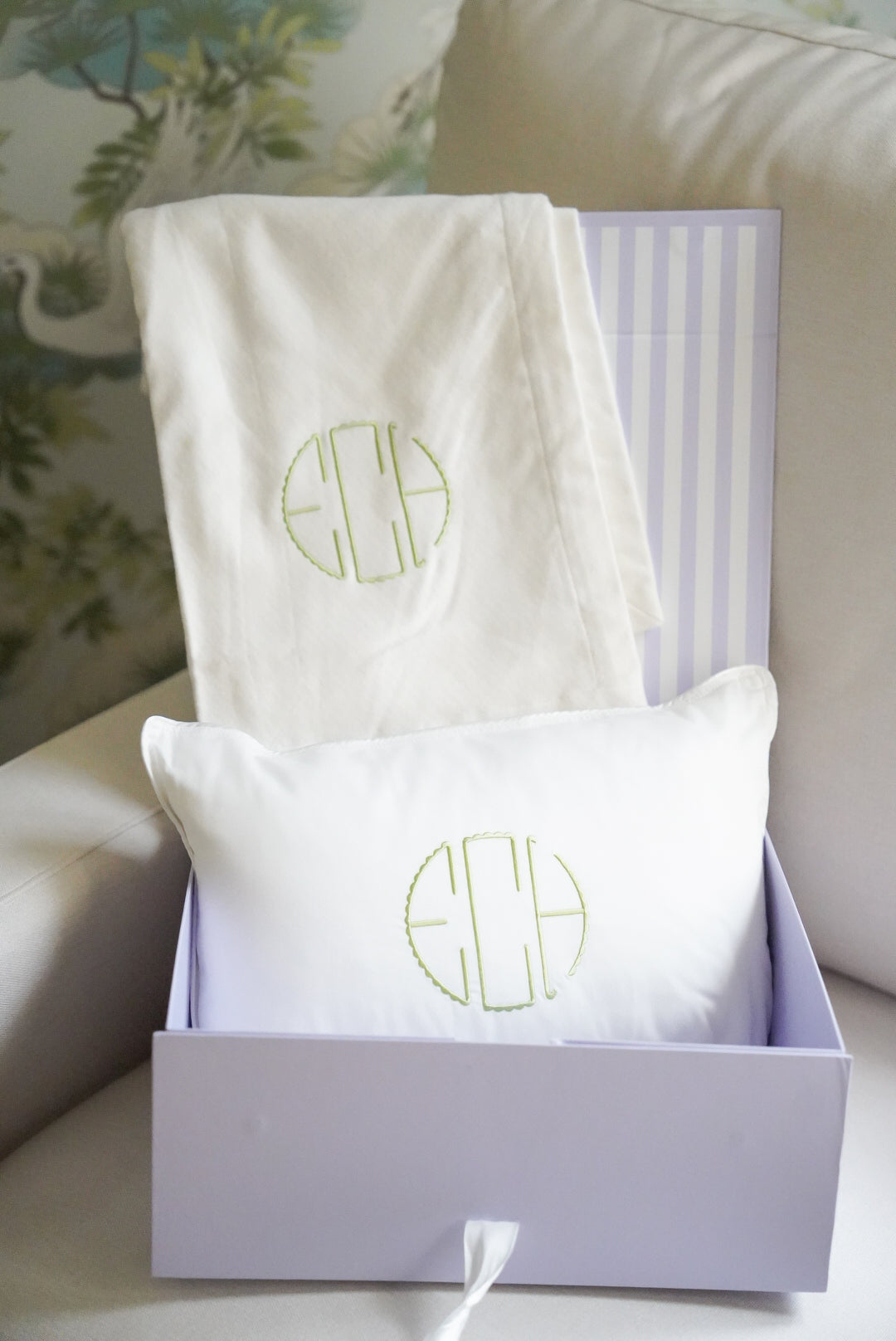 Caption: Monogram style is Scallop with Peridot thread. Bundle comes in our Large Lavender Gift Box.