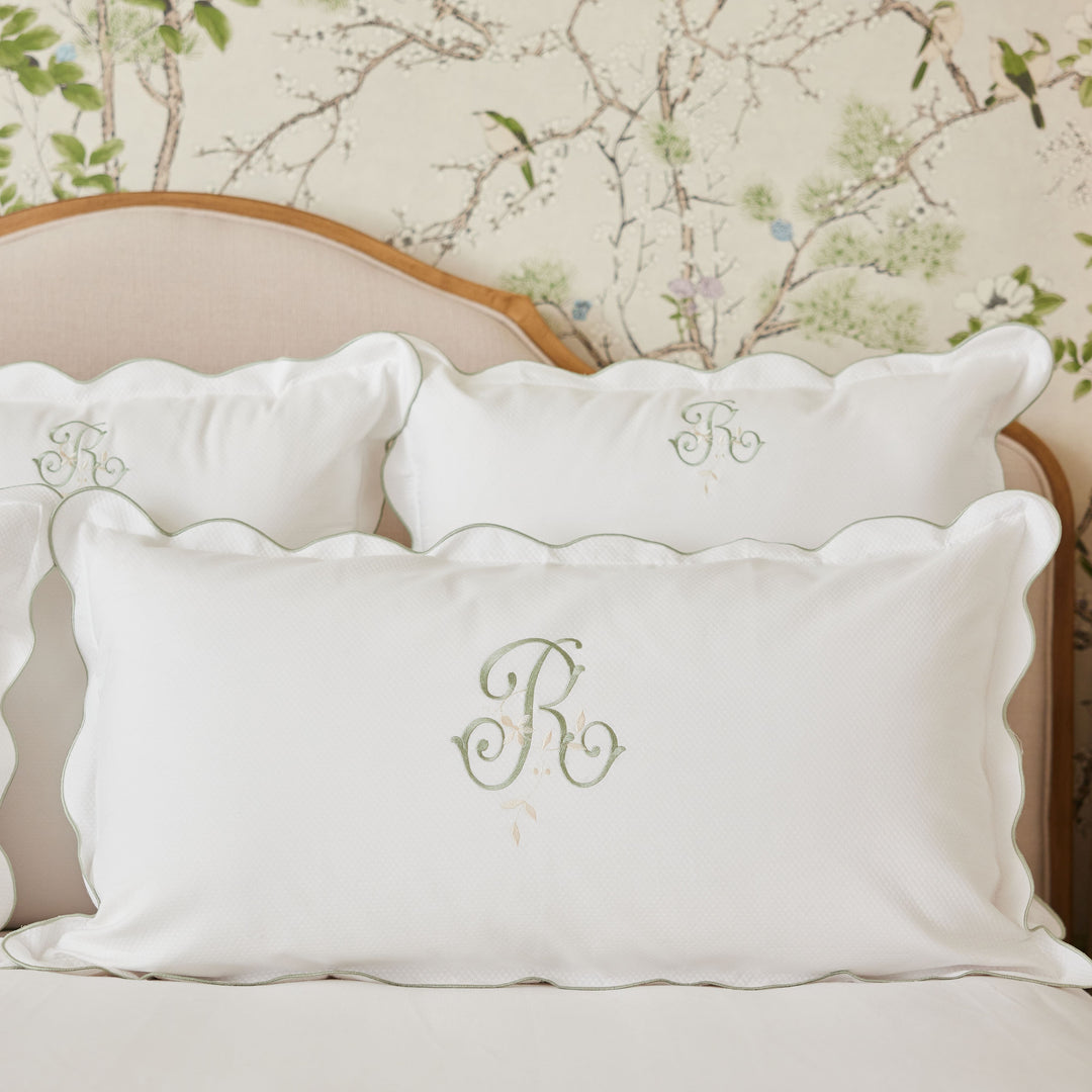 Caption: King and Euro Shams with Sage Trim and Eden Monogram in Sage and Pearl thread.