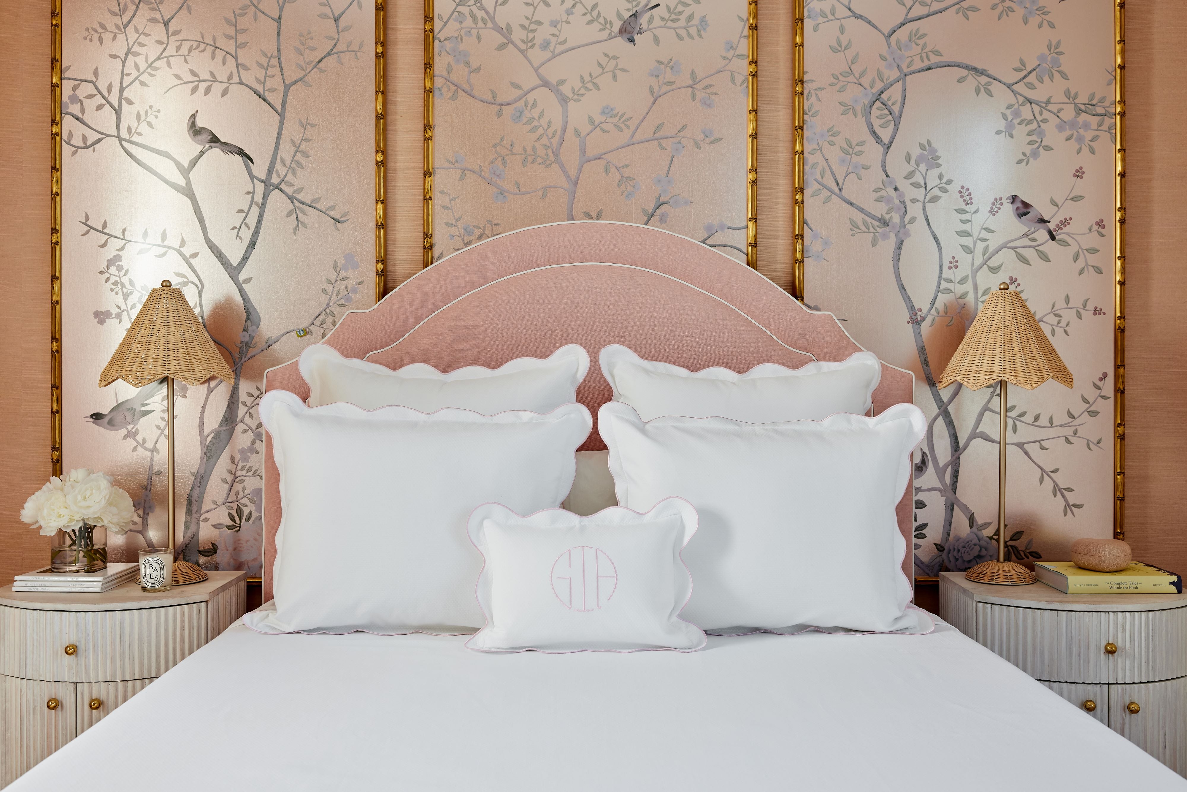 Caption: Euro, Standard and Boudoir Sham with Light Pink Trim and Scallop Monogram in Light Pink thread.